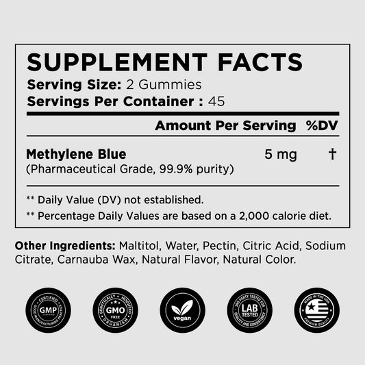 Pure Vitamins Methylene Blue Gummies 90ct – 5mg USP Grade | Blueberry Flavor Cellular Health, Brain Function & Anti-Aging Supplement | Vegan, Non-GMO, Gluten-Free | Made in USA