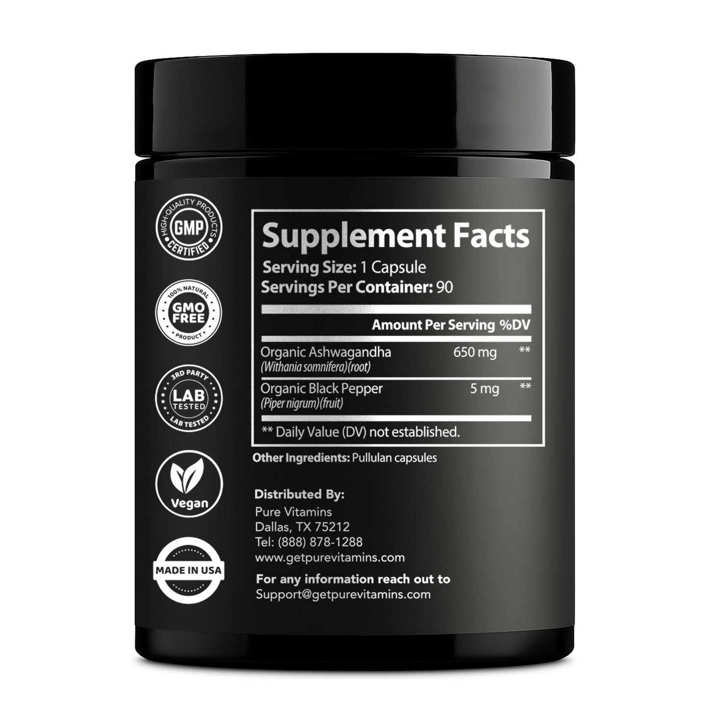 Pure Vitamins Ashwagandha with Black Pepper - 90 Capsules