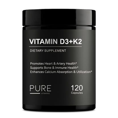 Pure Vitamins Vitamin D3 + K2 (MK-7) -120 Capsules