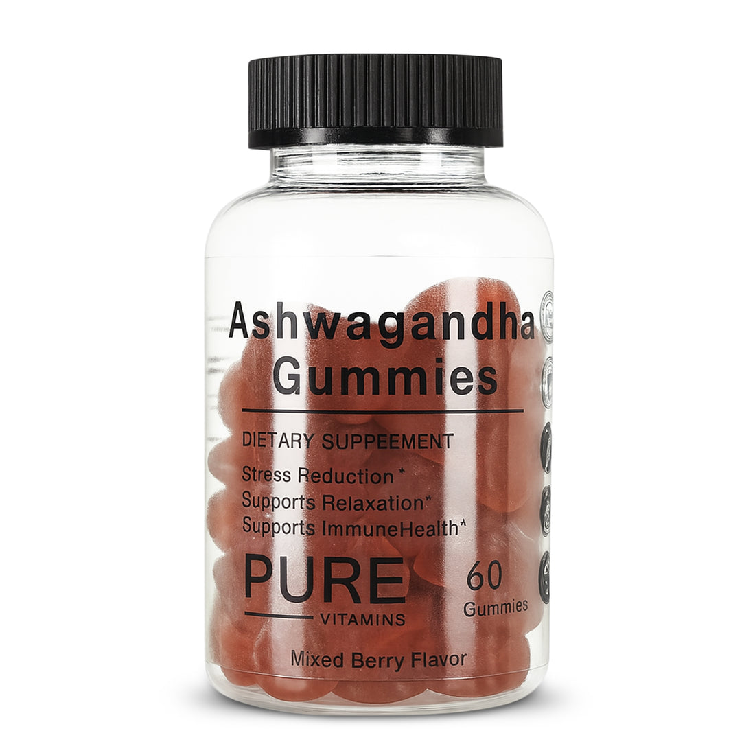 Pure Vitamins Ashwagandha Gummies for Stress Relief & Relaxation – 300mg Root Extract + Vitamin D2 – 60 Vegan Gummies | Mixed Berry Flavor | Non-GMO, Gluten-Free, Made in USA