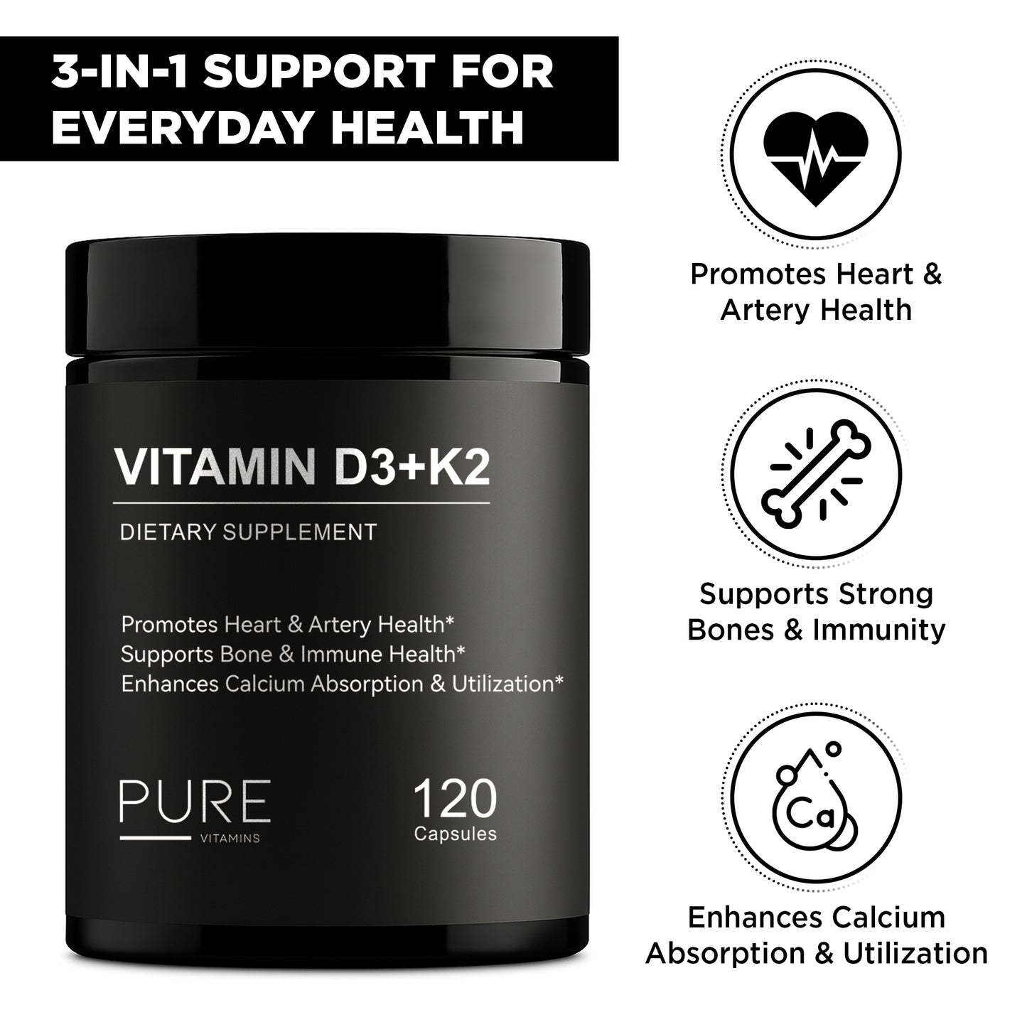 Pure Vitamins Vitamin D3 + K2 (MK-7) -120 Capsules