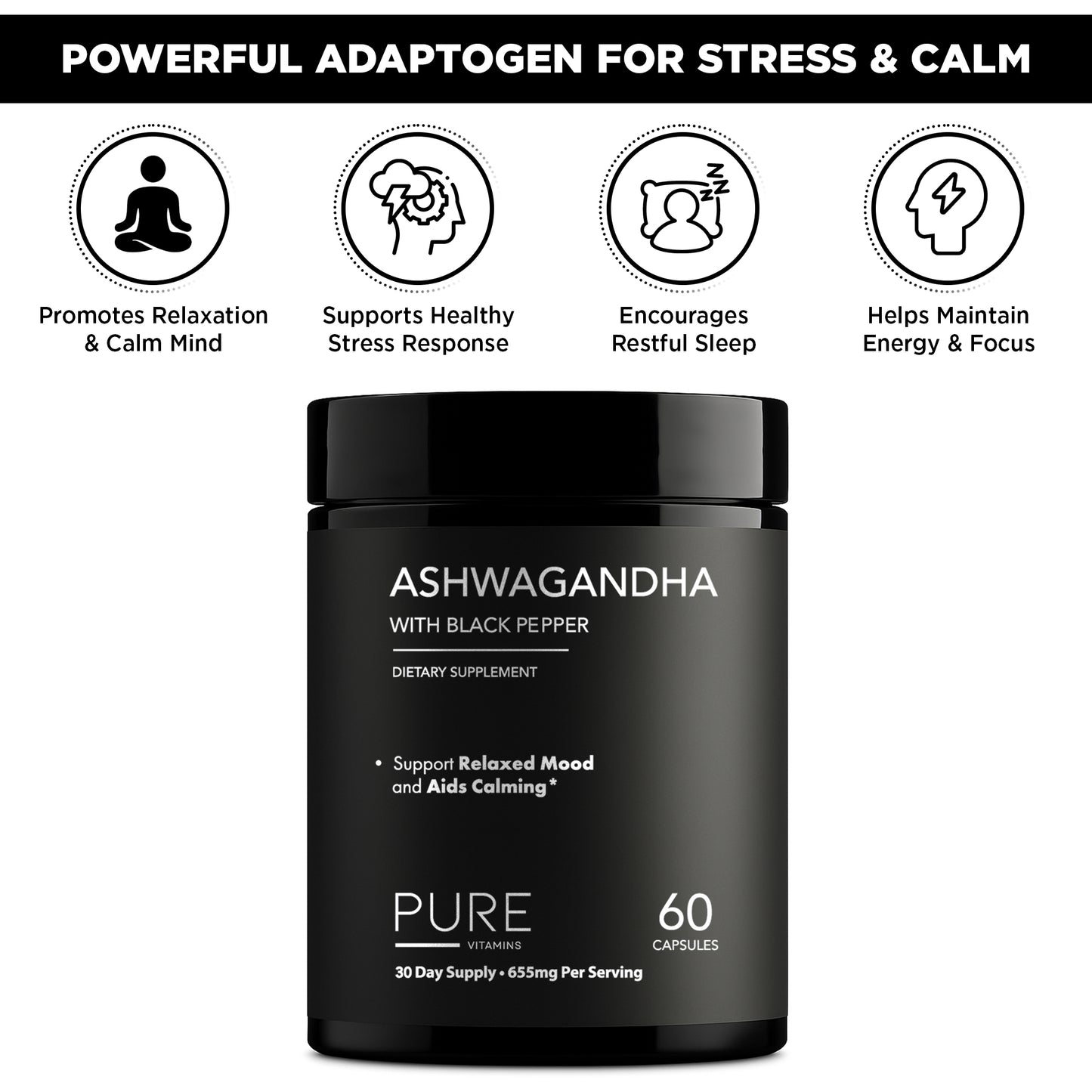 Pure Vitamins Ashwagandha with Black Pepper - 60 Capsules