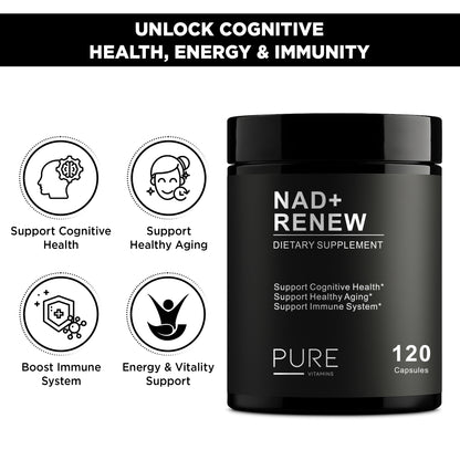 Pure Vitamins NAD+ Renew 900 – Premium NAD+ with Nicotinamide Riboside & Resveratrol 900mg -120 Vegan Capsules