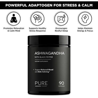 Pure Vitamins Ashwagandha with Black Pepper - 90 Capsules