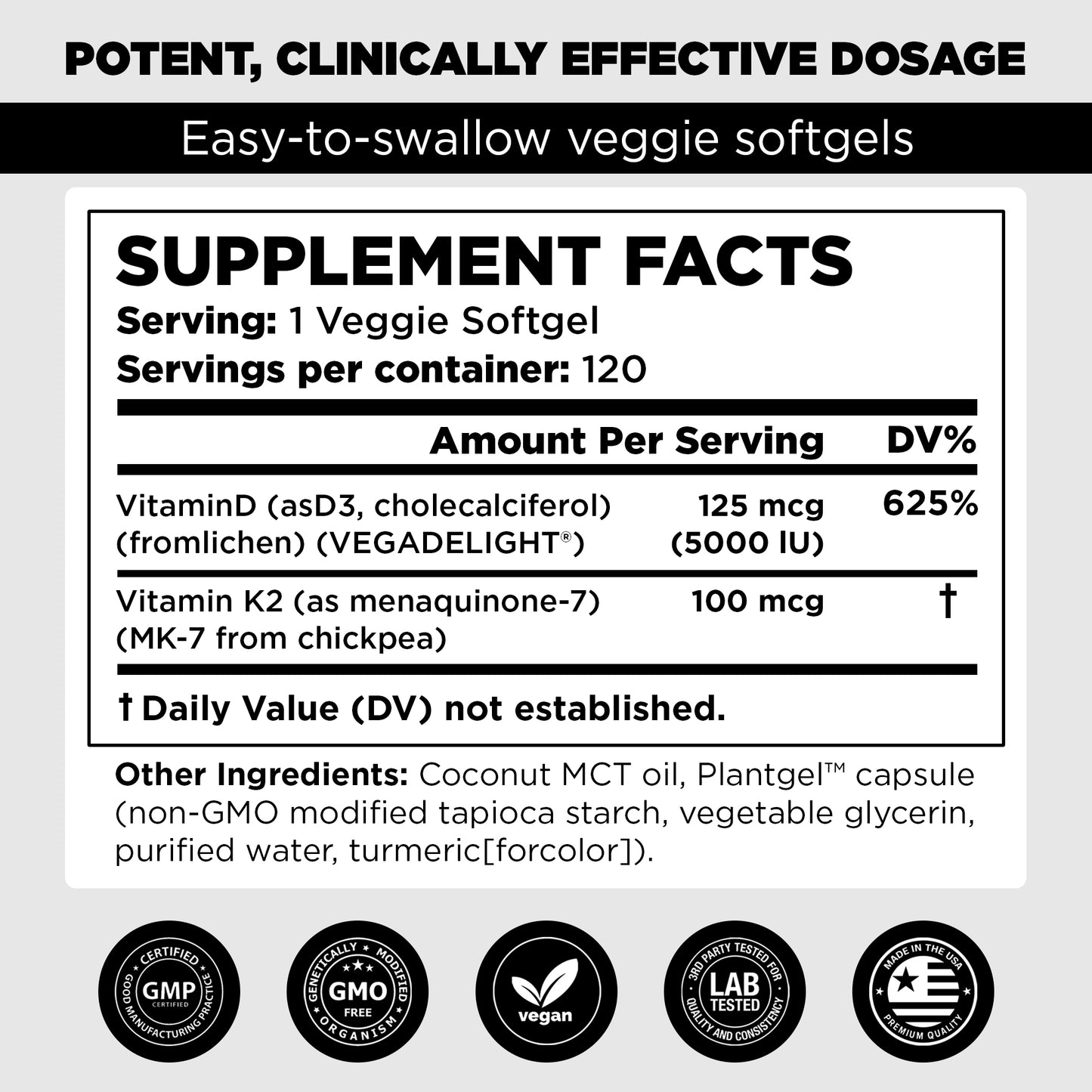 Pure Vitamins Vitamin D3 + K2 (MK-7) -120 Capsules