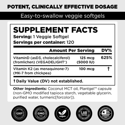 Pure Vitamins Vitamin D3 + K2 (MK-7) -120 Capsules