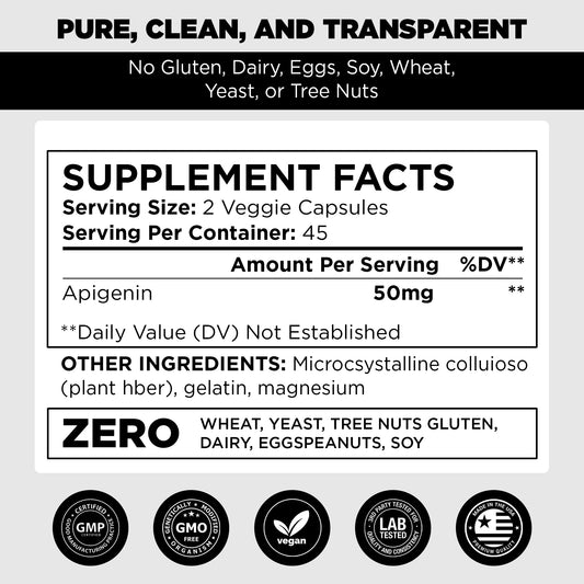 Pure Vitamins Apigenin 50mg (90 Veggie Capsules) – Cellular + Antioxidant + Calm Support
