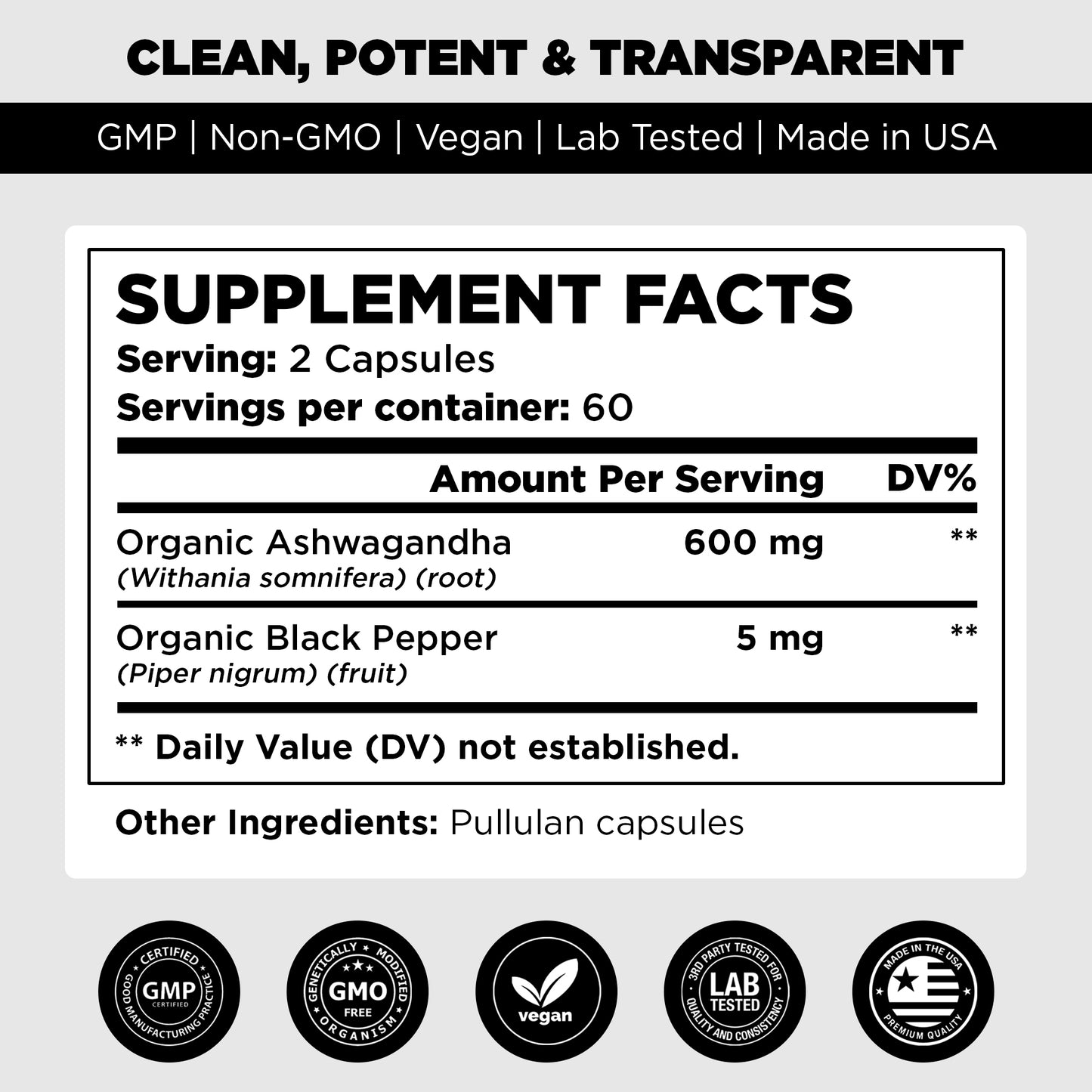 Pure Vitamins Ashwagandha with Black Pepper - 60 Capsules