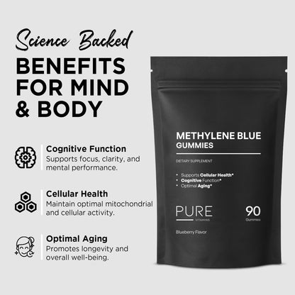 Pure Vitamins Methylene Blue Gummies 90ct – 5mg USP Grade | Blueberry Flavor Cellular Health, Brain Function & Anti-Aging Supplement | Vegan, Non-GMO, Gluten-Free | Made in USA