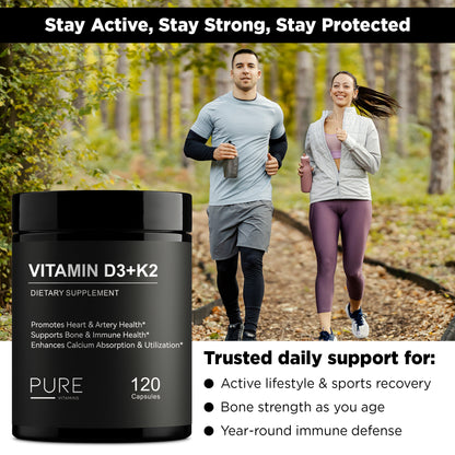 Pure Vitamins Vitamin D3 + K2 (MK-7) -120 Capsules