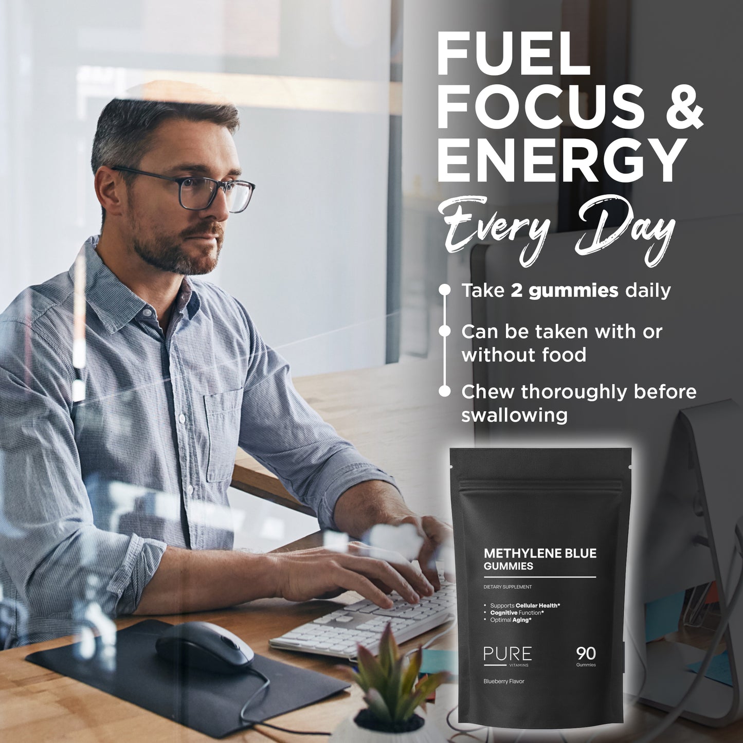 Pure Vitamins Methylene Blue Gummies 90ct – 5mg USP Grade | Blueberry Flavor Cellular Health, Brain Function & Anti-Aging Supplement | Vegan, Non-GMO, Gluten-Free | Made in USA