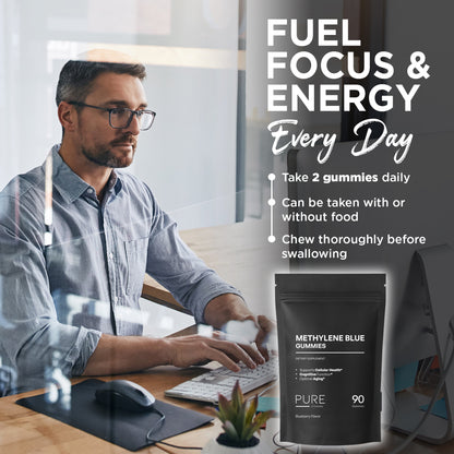 Pure Vitamins Methylene Blue Gummies 90ct – 5mg USP Grade | Blueberry Flavor Cellular Health, Brain Function & Anti-Aging Supplement | Vegan, Non-GMO, Gluten-Free | Made in USA