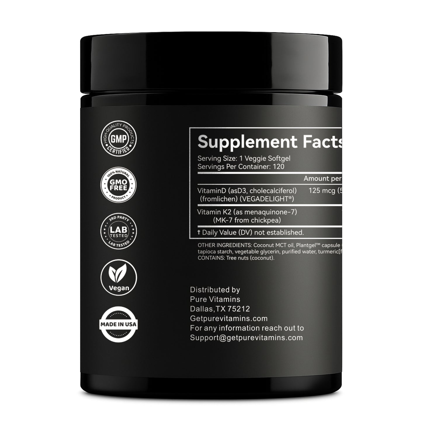 Pure Vitamins Vitamin D3 + K2 (MK-7) -120 Capsules