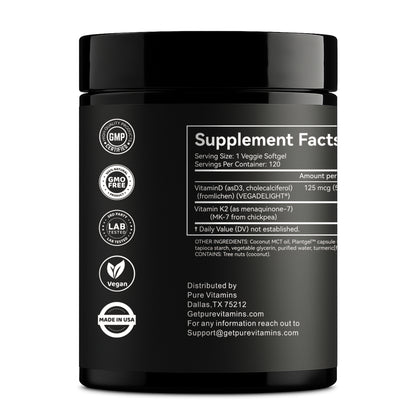 Pure Vitamins Vitamin D3 + K2 (MK-7) -120 Capsules