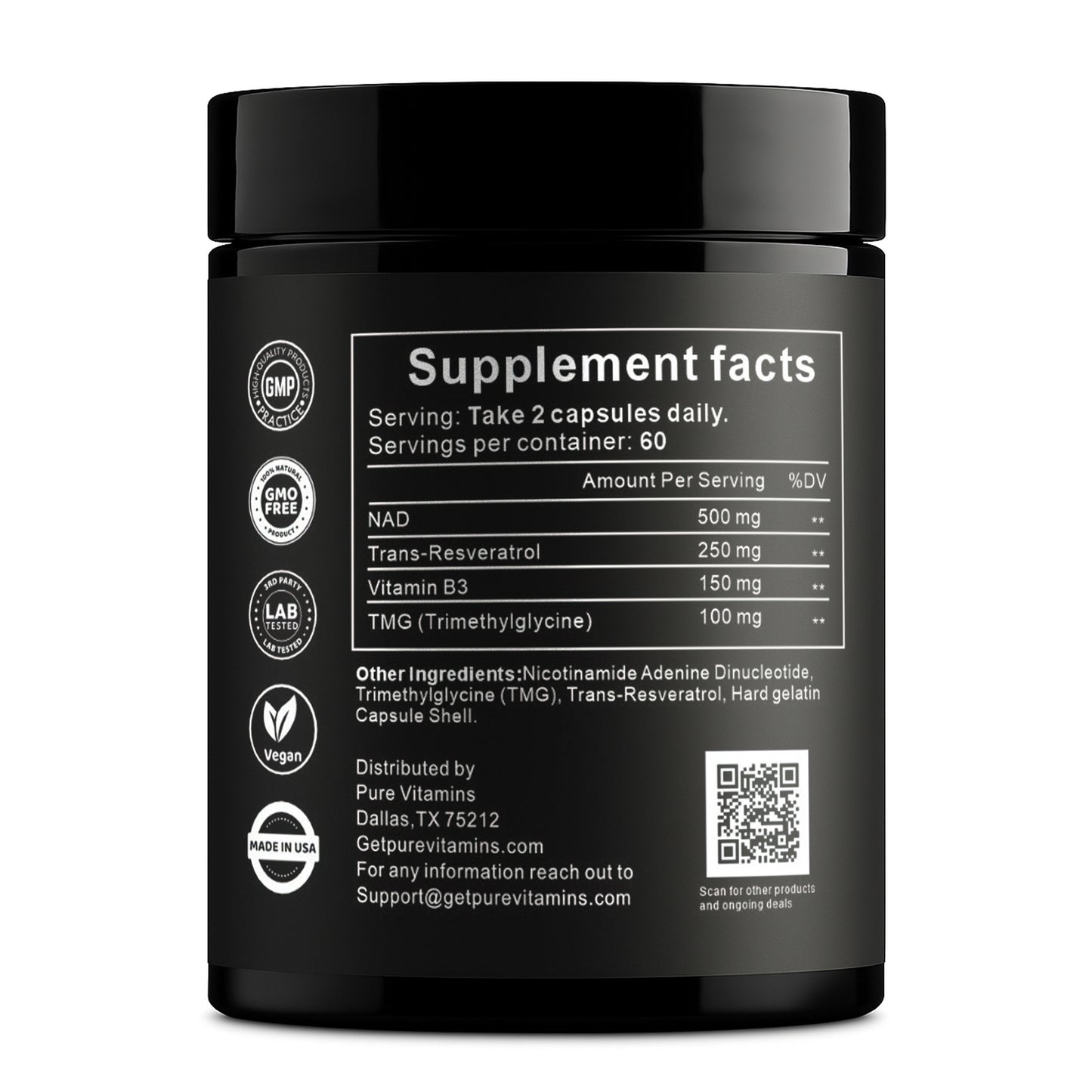 Pure Vitamins NAD+ Renew 900 – Premium NAD+ with Nicotinamide Riboside & Resveratrol 900mg -120 Vegan Capsules