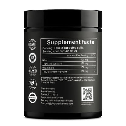 Pure Vitamins NAD+ Renew 900 – Premium NAD+ with Nicotinamide Riboside & Resveratrol 900mg -120 Vegan Capsules