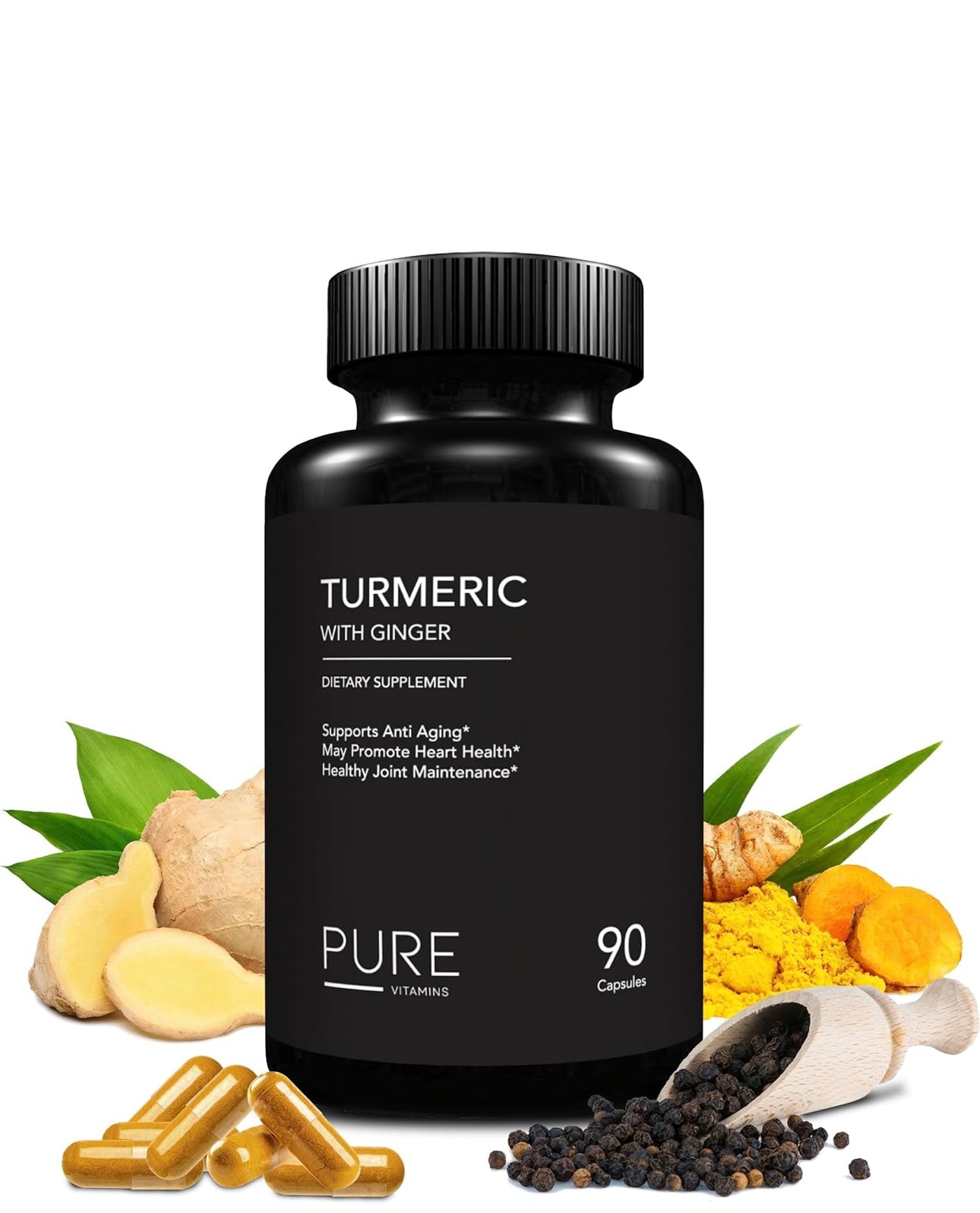 Pure Vitamins Turmeric and Ginger Supplements - 90 Vegetarian Capsules | Digestive Health & Joint Support Supplement | Organic Turmeric Curcumin Supplement with Black Pepper Extract | Non-GMO