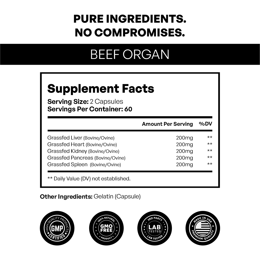 Beef Organ Grass-Fed Capsules (120 Capsules)  Whole-Food Organ Nutrition for Daily Vitality | Pure Vitamins