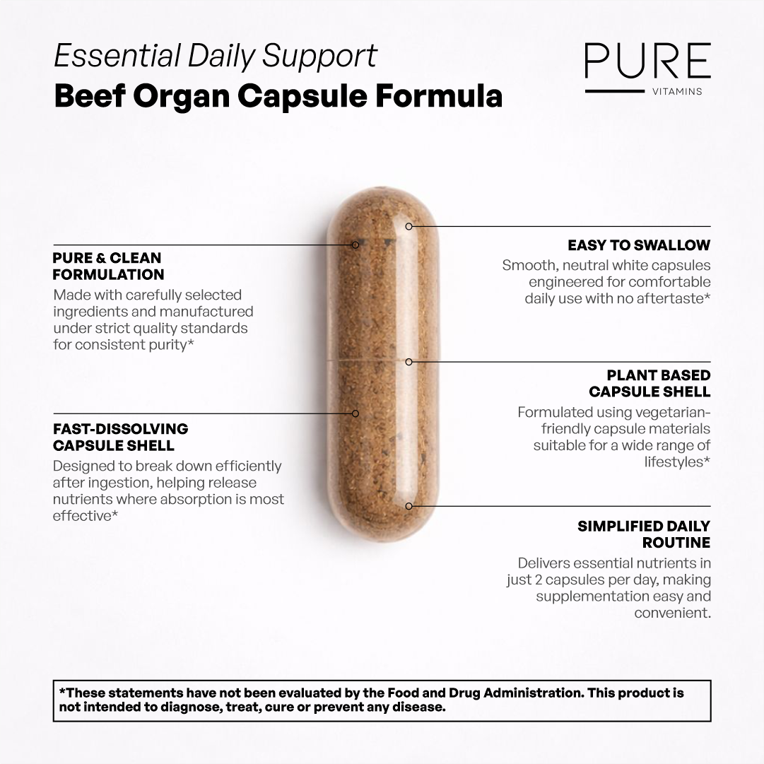 Beef Organ Grass-Fed Capsules (120 Capsules)  Whole-Food Organ Nutrition for Daily Vitality | Pure Vitamins